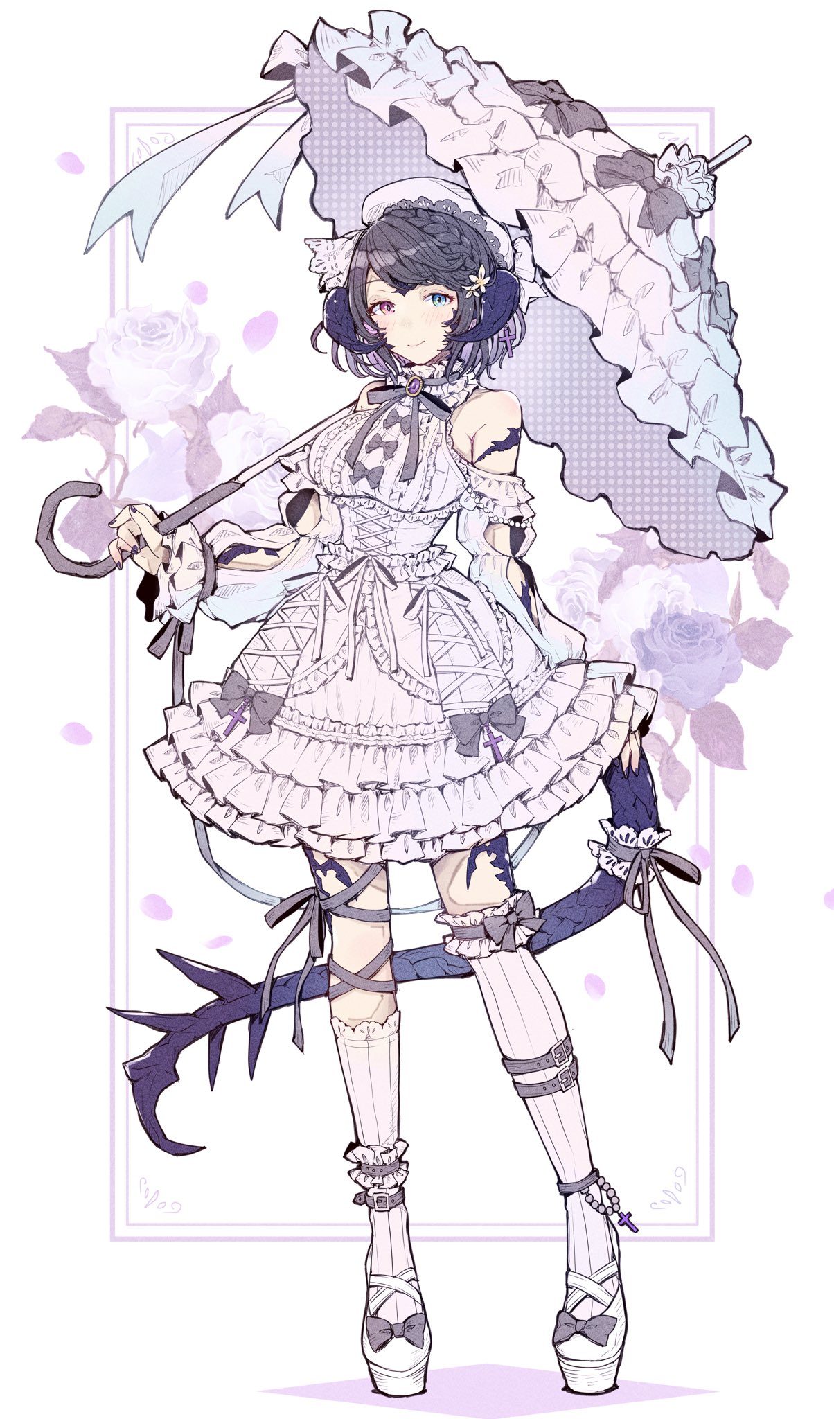 1girl, asymmetrical_legwear, au_ra, avatar_(ff14), bangs, bare_shoulders, beret, blue_eyes