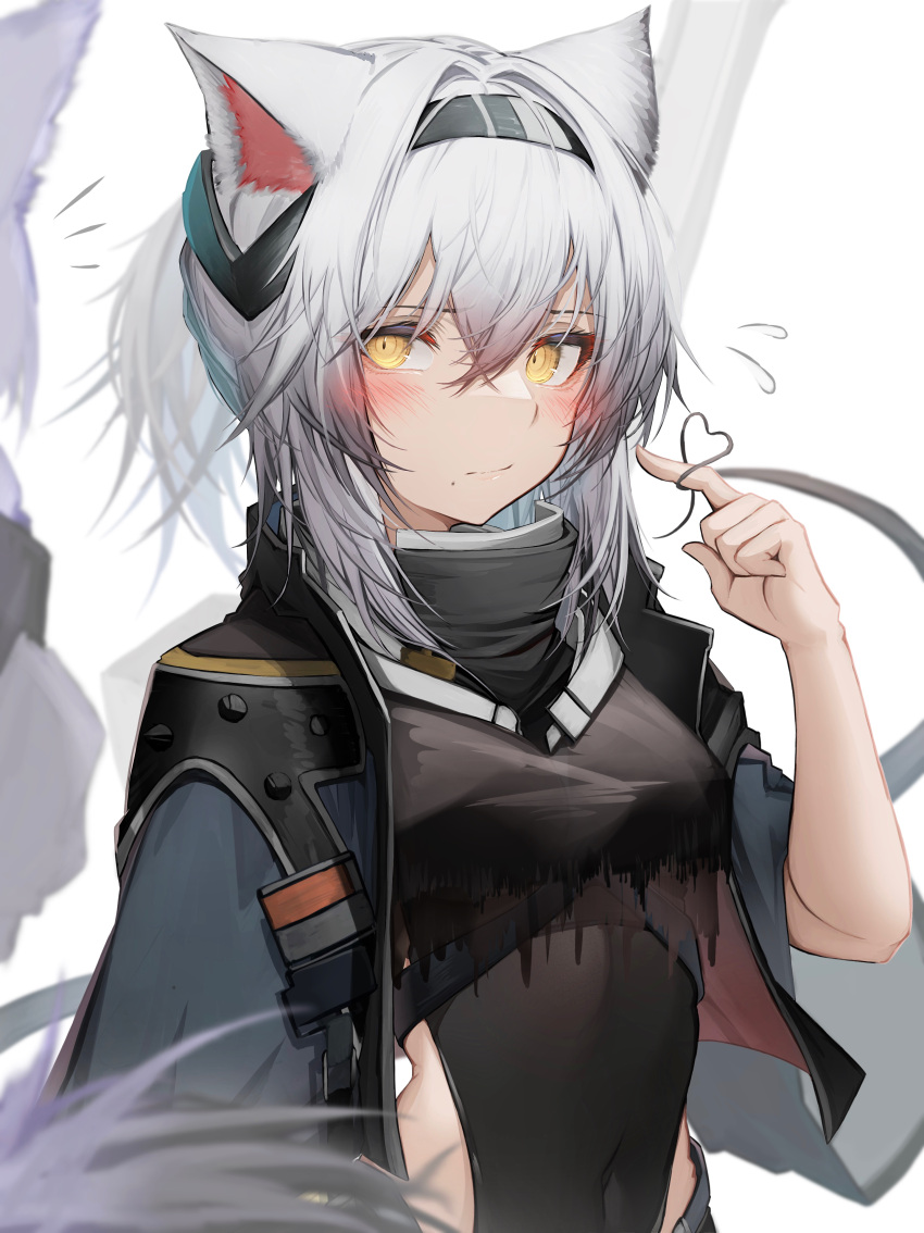 2girls, absurdres, animal_ears, arknights, between_breasts, black_hairband, black_jacket, black_leotard