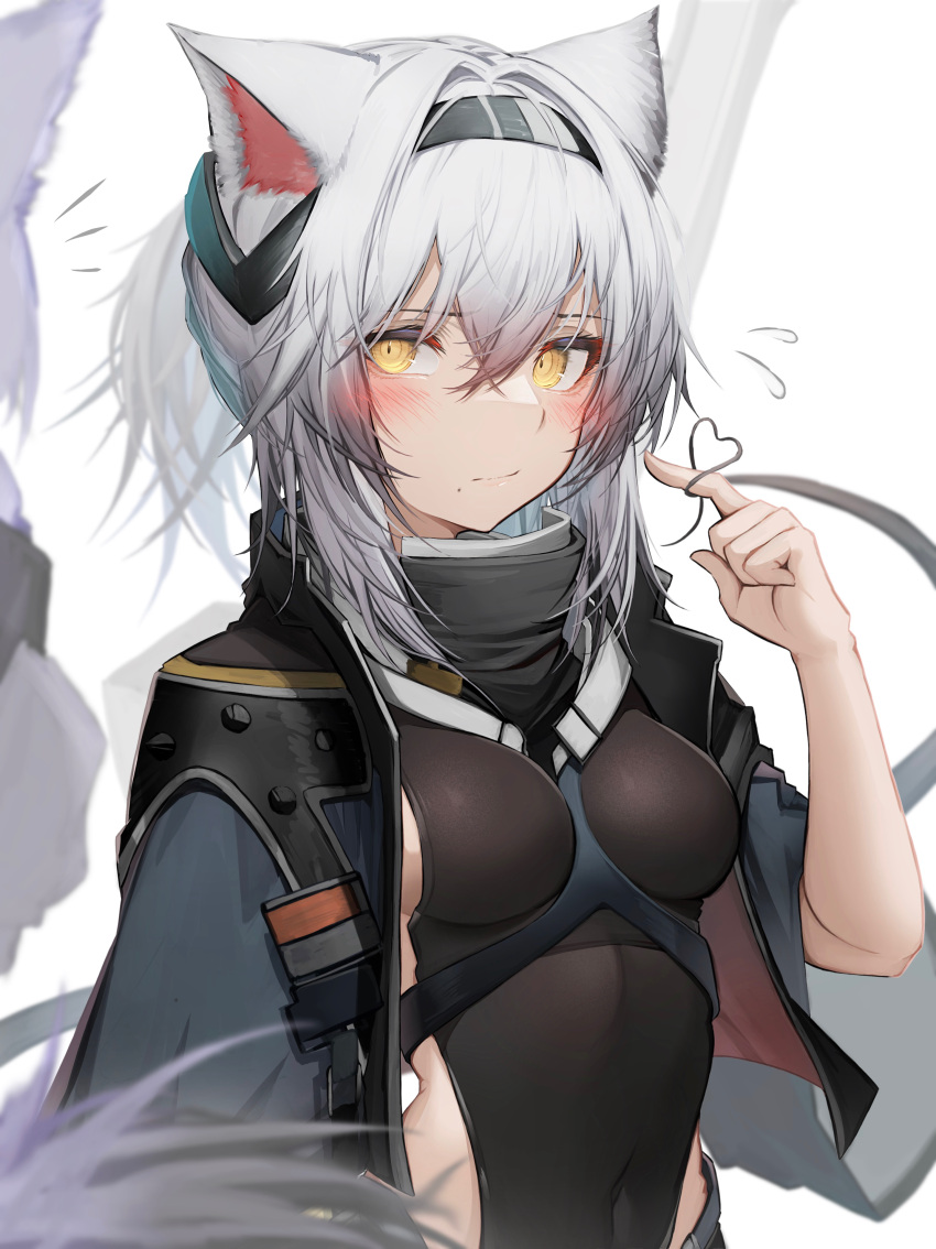 2girls, absurdres, animal_ears, arknights, between_breasts, black_hairband, black_jacket, black_leotard