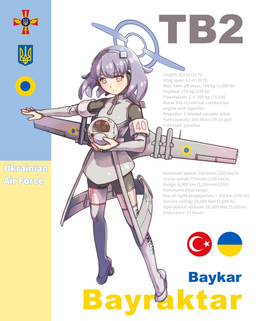 1girl, acea4, airplane_wing, bayraktar, black_bodysuit, bodysuit, boots, brown_eyes, drone, english_text, grey_hair, halo, high_heel_boots, high_heels, highres, long_sleeves, original, personification, russo-ukrainian_war, short_hair, solo, thigh-highs, thigh_boots, turkey_(country), ukraine