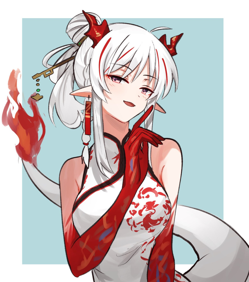 1girl, :d, arknights, bangs, bare_shoulders, breasts, china_dress, chinese_clothes