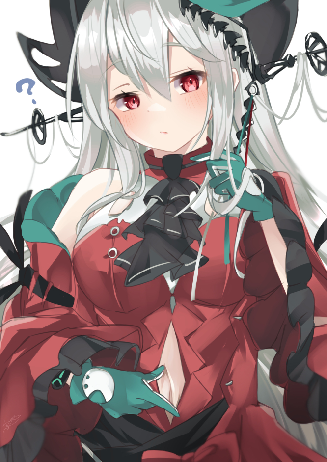 1girl, ?, arknights, ascot, bangs, blush, breasts, clothing_cutout