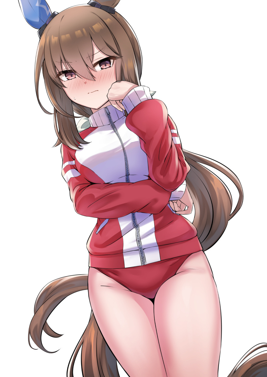 1girl, admire_vega_(umamusume), alternate_costume, animal_ears, black_hair, breasts, buruma, hair_between_eyes