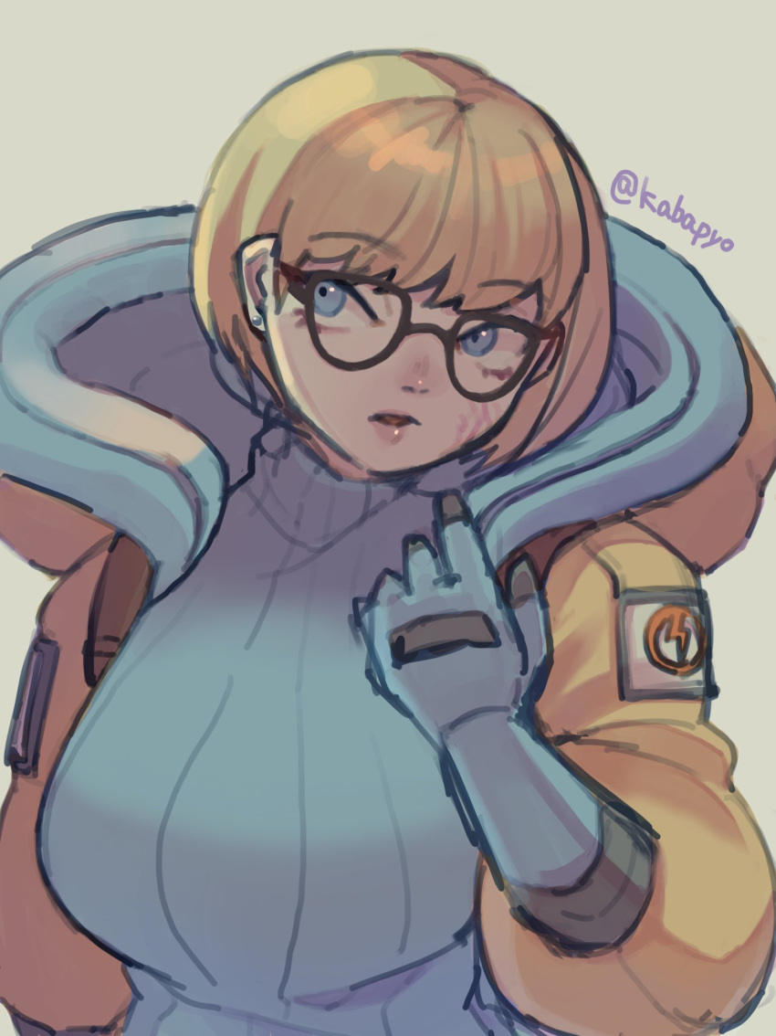 1girl, apex_legends, blonde_hair, blue_bodysuit, blue_eyes, bodysuit, glasses, grey_background