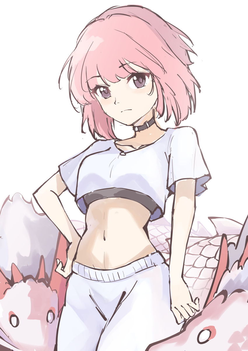 1girl, absurdres, alchemy_stars, alternate_costume, bangs, black_choker, breasts, casual, choker, collarbone, commentary, cowboy_shot, crop_top, english_commentary, esrac, eyebrows_visible_through_hair, hand_on_hip, highres, hiiro_(alchemy_stars), looking_at_viewer, medium_breasts, midriff, navel, pants, pink_hair, shirt, short_hair, short_sleeves, simple_background, solo, standing, stomach, violet_eyes, white_background, white_pants, white_shirt