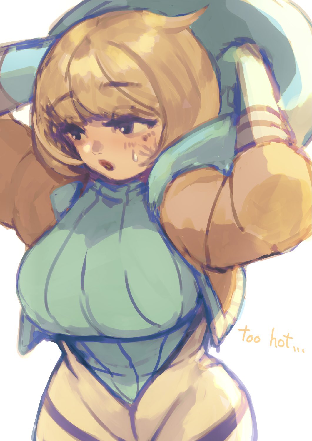1girl, apex_legends, black_eyes, blonde_hair, blue_bodysuit, bodysuit, breasts, english_commentary