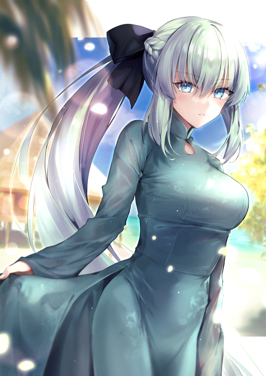 1girl, absurdres, arm_at_side, bangs, beach, black_ribbon, blue_eyes, blurry