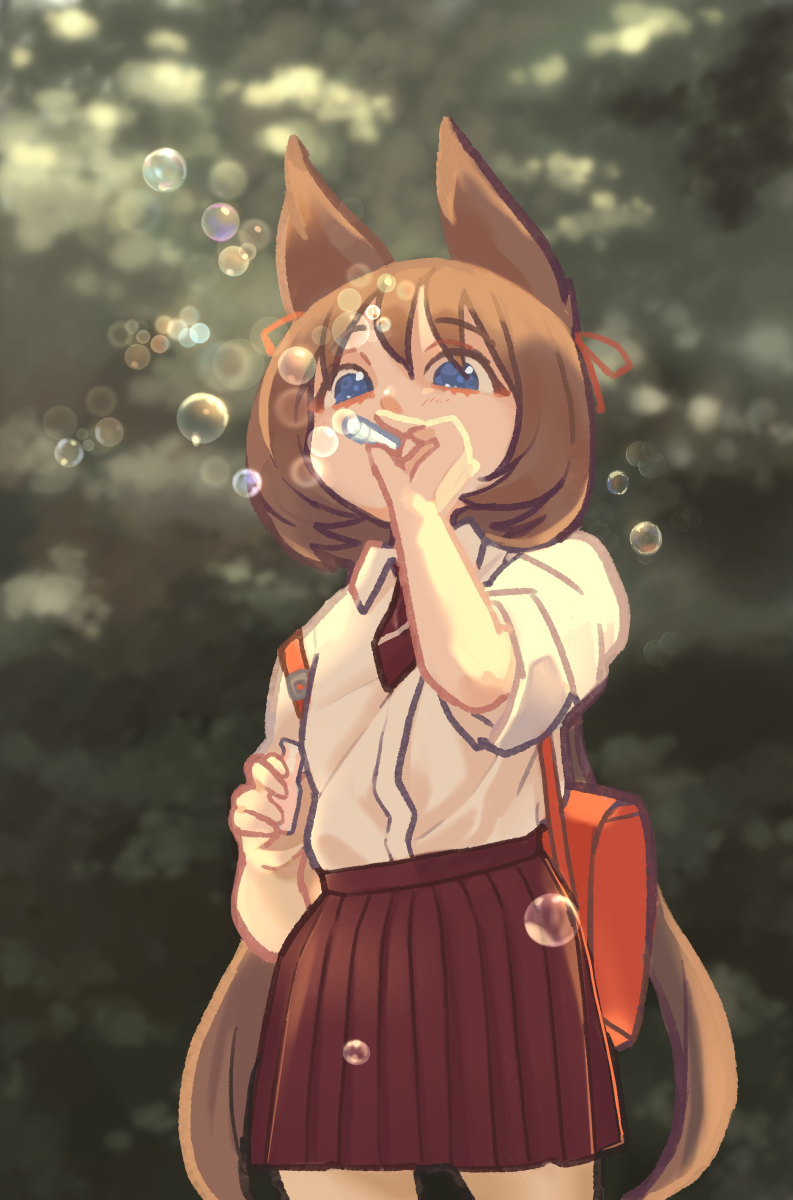 1girl, animal_ears, bangs, blue_eyes, brown_hair, bubble, bubble_blowing, collared_shirt