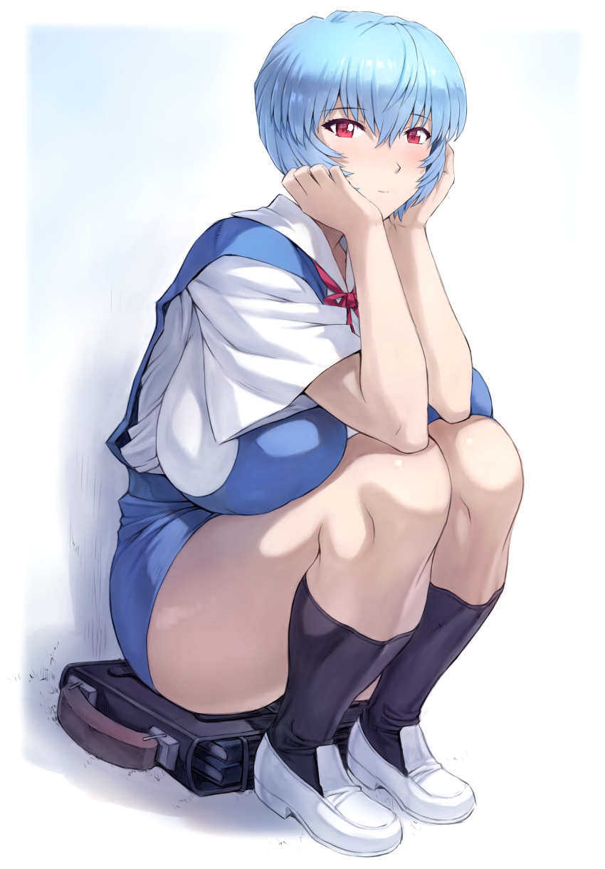 1girl, absurdres, alternate_breast_size_(larger), ayanami_rei, back, black_legwear, blue_dress, blue_hair