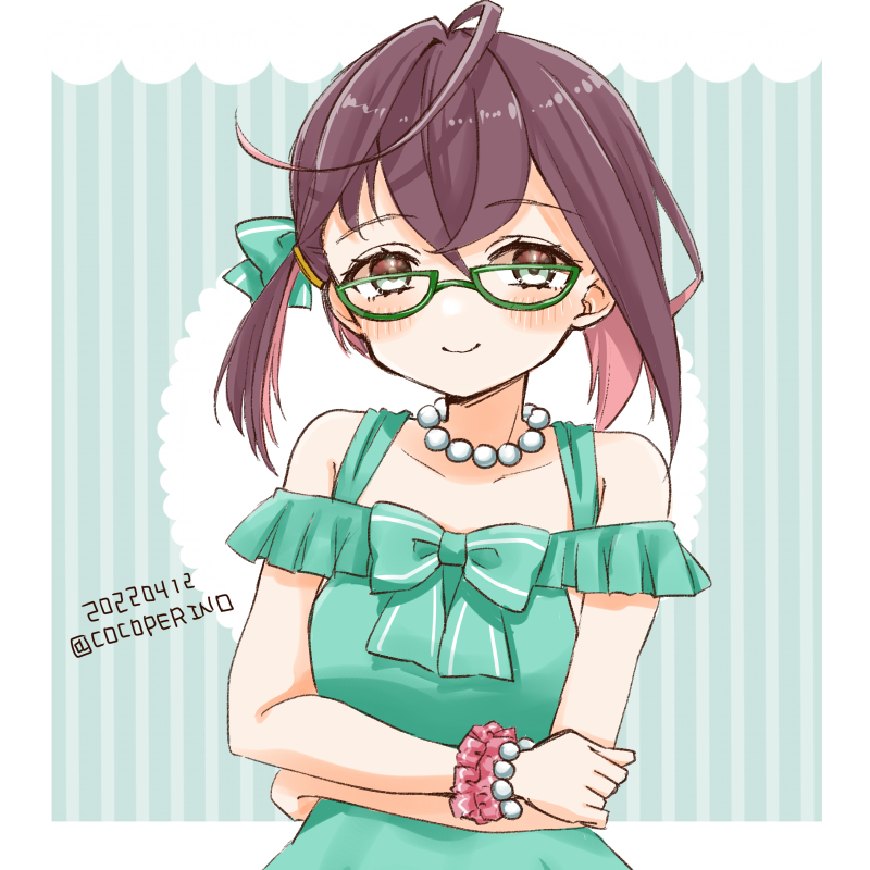 1girl, adapted_costume, alternate_costume, aqua_dress, blue-framed_eyewear, bracelet, brown_hair, cocoperino