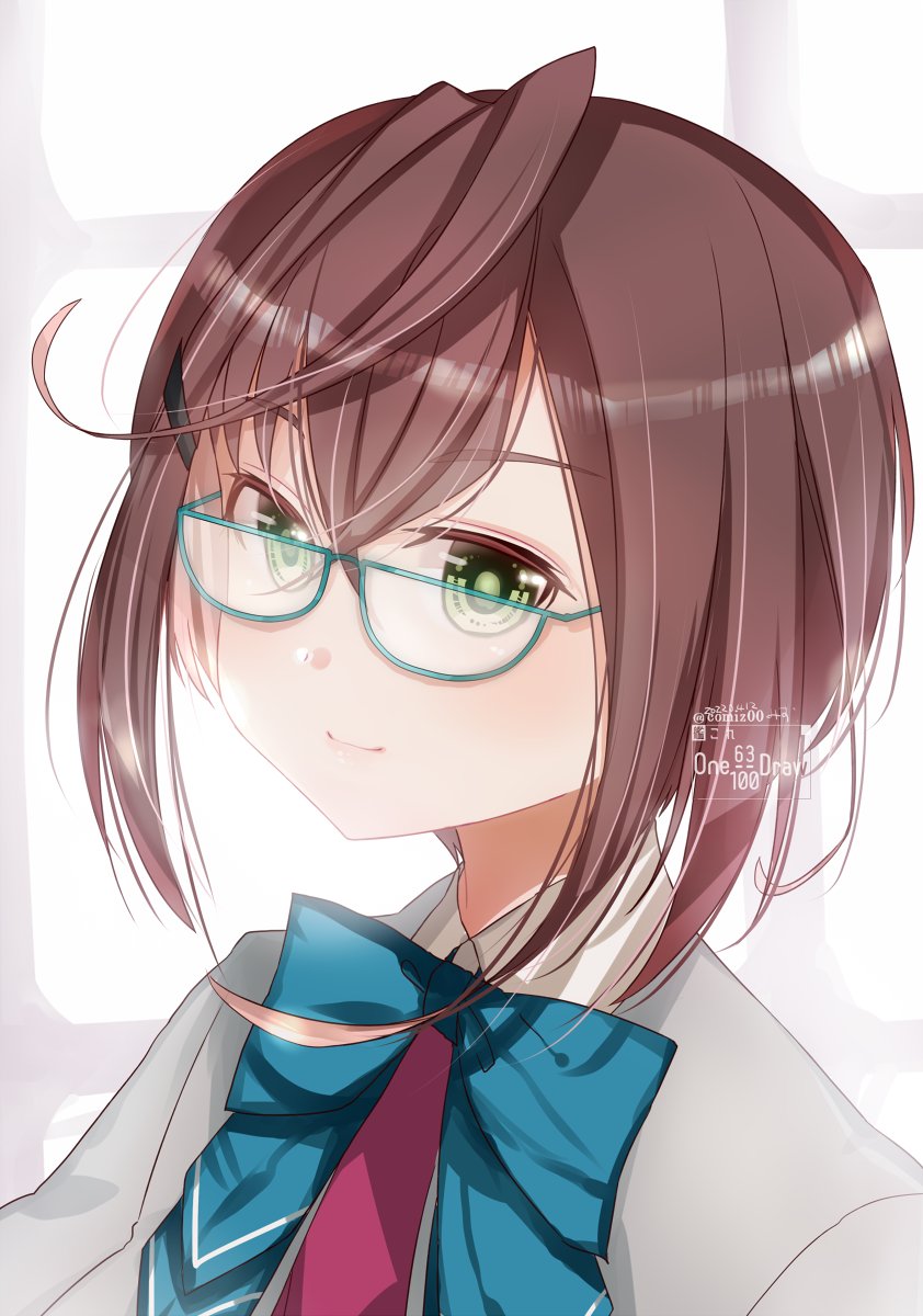 1girl, aqua_bow, aqua_bowtie, black_hair, blue-framed_eyewear, bow, bowtie, glasses