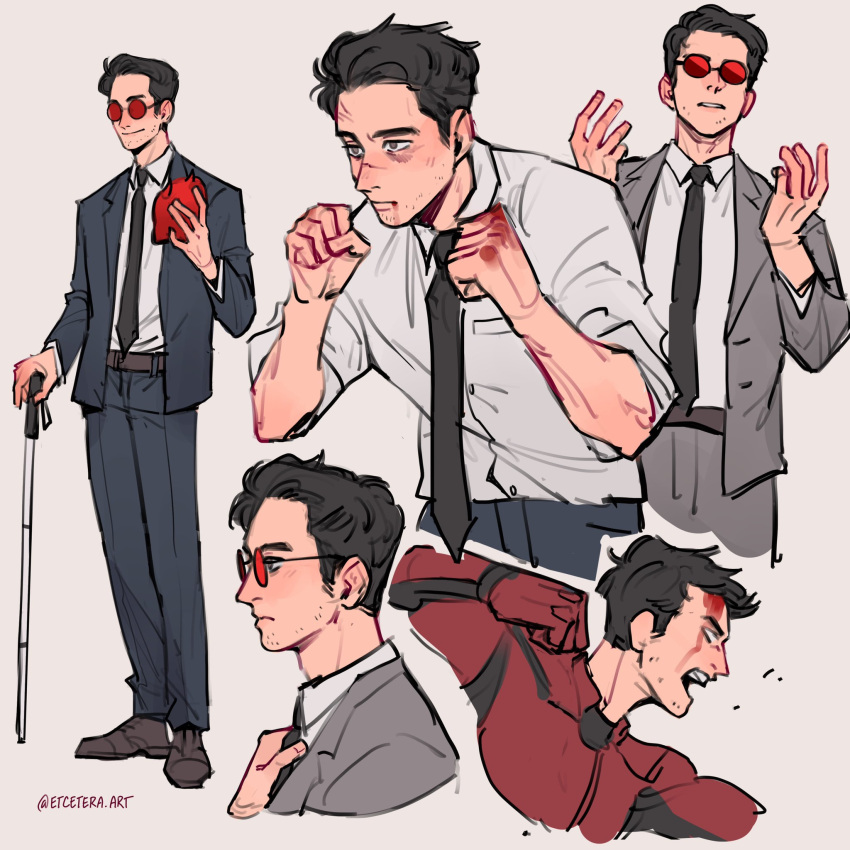 1boy, artist_name, belt, black_hair, black_jacket, black_necktie, black_pants, black_suit, blood, blood_from_mouth, blood_on_face, breast_pocket, brown_eyes, brown_footwear, cane, clenched_hands, closed_mouth, collared_shirt, daredevil, daredevil_(netflix), english_commentary, etceteraart, facial_hair, formal, full_body, glasses, grey_background, grey_jacket, grey_pants, grey_suit, highres, holding, instagram_username, jacket, male_focus, marvel, marvel_cinematic_universe, matt_murdock, mature_male, multiple_views, necktie, open_mouth, pants, pocket, punching, red-tinted_eyewear, shirt, shirt_tucked_in, short_hair, simple_background, sleeves_rolled_up, smile, standing, stubble, suit, tinted_eyewear, white_shirt