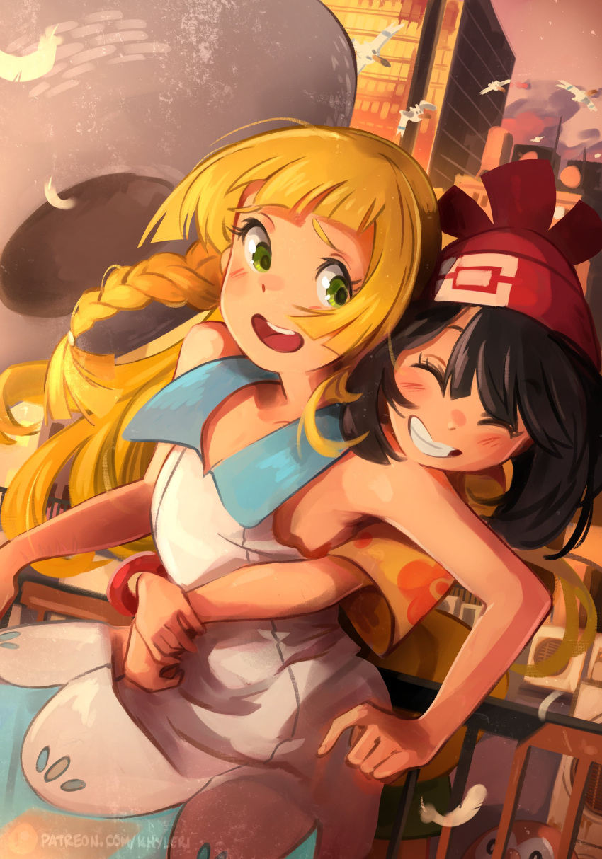 2girls, absurdres, air_conditioner, armpit_crease, attempted_suicide, bangs, bare_shoulders, black_hair, blonde_hair, blue_dress, blunt_bangs, blunt_ends, blush, bracelet, braid, building, closed_eyes, clouds, cloudy_sky, collarbone, commentary, cowboy_shot, dress, dusk, dutch_angle, english_commentary, eyebrows_visible_through_hair, feathers, flipped_hair, floral_print, green_eyes, grin, hat, highres, hug, jewelry, khyle., lillie_(pokemon), long_hair, looking_at_another, medium_hair, multicolored_clothes, multicolored_dress, multiple_girls, open_mouth, patreon_username, pokemon, pokemon_(game), pokemon_sm, railing, red_headwear, rooftop, round_teeth, rowlet, selene_(pokemon), shirt, short_sleeves, sidelocks, sky, sleeveless, sleeveless_dress, smile, swept_bangs, teeth, upper_teeth, very_long_hair, white_dress, yellow_shirt