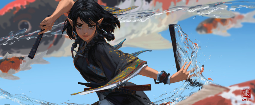 1girl, animal, arm_up, bangs, bead_bracelet, bead_necklace, beads, black_eyes, black_hair, black_robe, blue_sky, blurry, bob_cut, bracelet, breasts, closed_fan, commentary, dancing, day, depth_of_field, dual_wielding, english_commentary, facial_mark, fish, floating_hair, folding_fan, hand_fan, highres, holding, holding_fan, jewelry, kan_liu_(666k), koi, long_sleeves, necklace, o-ring, original, outstretched_arm, pointy_ears, prayer_beads, short_hair, sky, solo, upper_body, water, wide_sleeves, wrist_cuffs
