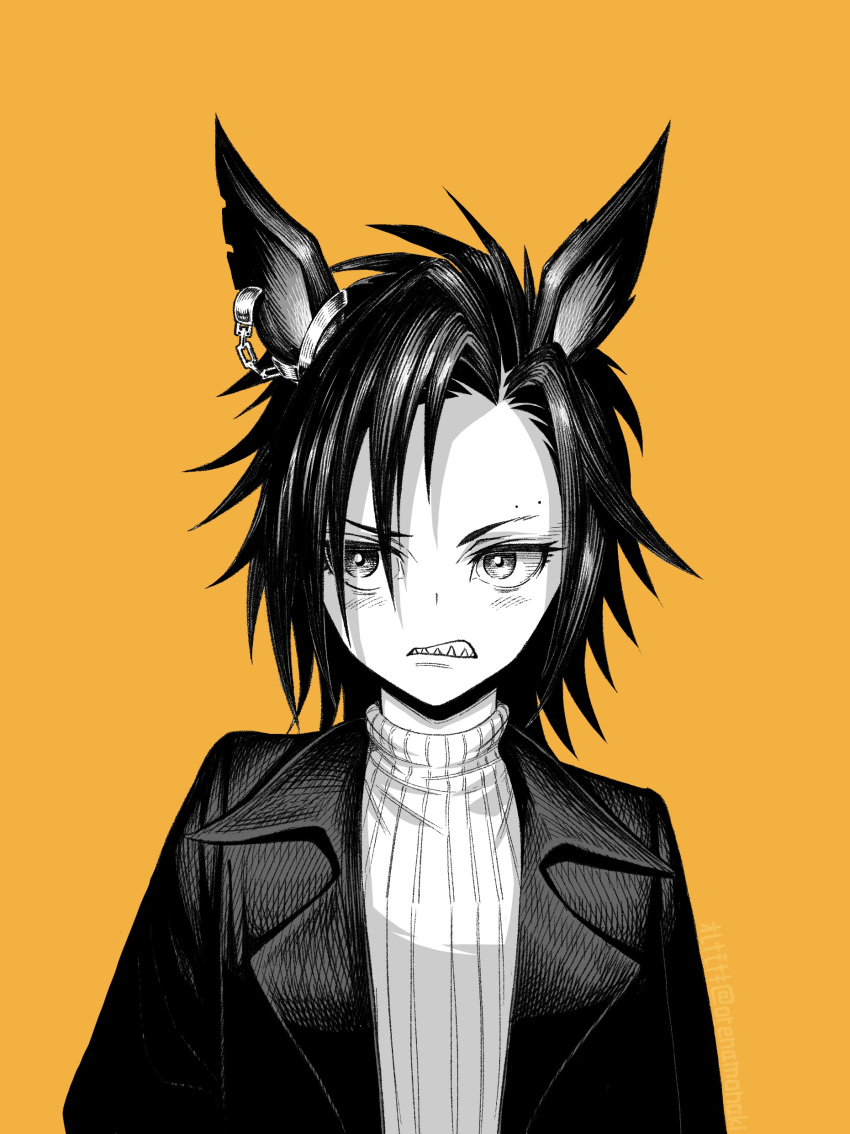 1girl, absurdres, air_shakur_(umamusume), animal_ears, bangs, blush, clenched_teeth, greyscale_with_colored_background, highres, horse_ears, jacket, long_hair, looking_at_viewer, looking_to_the_side, open_clothes, open_jacket, open_mouth, orange_background, orenamonaki, parted_bangs, sharp_teeth, solo, sweater, teeth, turtleneck, turtleneck_sweater, umamusume, upper_body