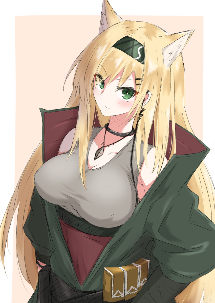 1girl, absurdres, animal_ears, arknights, bangs, black_hairband, blonde_hair, commentary_request