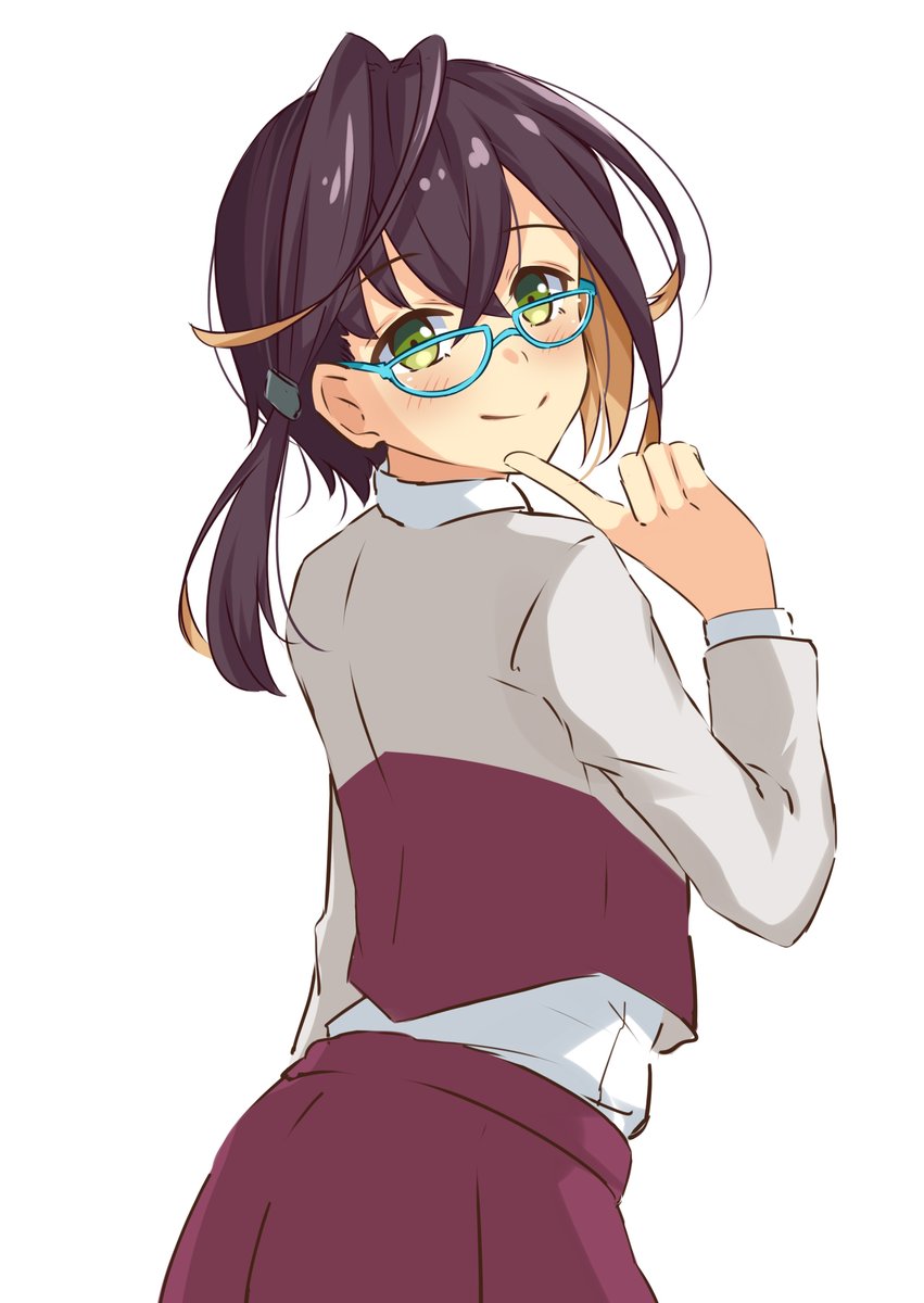 1girl, black_hair, blazer, blue-framed_eyewear, cowboy_shot, glasses, green_eyes, highres, index_finger_raised, jacket, kantai_collection, looking_at_viewer, multicolored_hair, okinami_(kancolle), okinami_kai_ni_(kancolle), one-hour_drawing_challenge, pink_hair, purple_skirt, school_uniform, short_hair, simple_background, skirt, solo, umegae_ousuke, upper_body, white_background