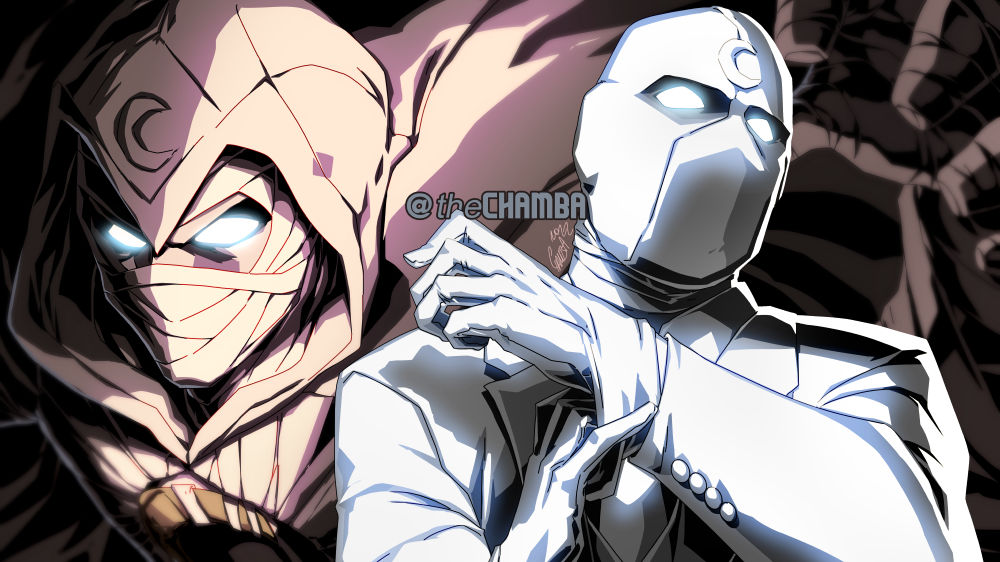 2boys, blue_eyes, chamba, dual_persona, english_commentary, gloves, glowing, glowing_eyes