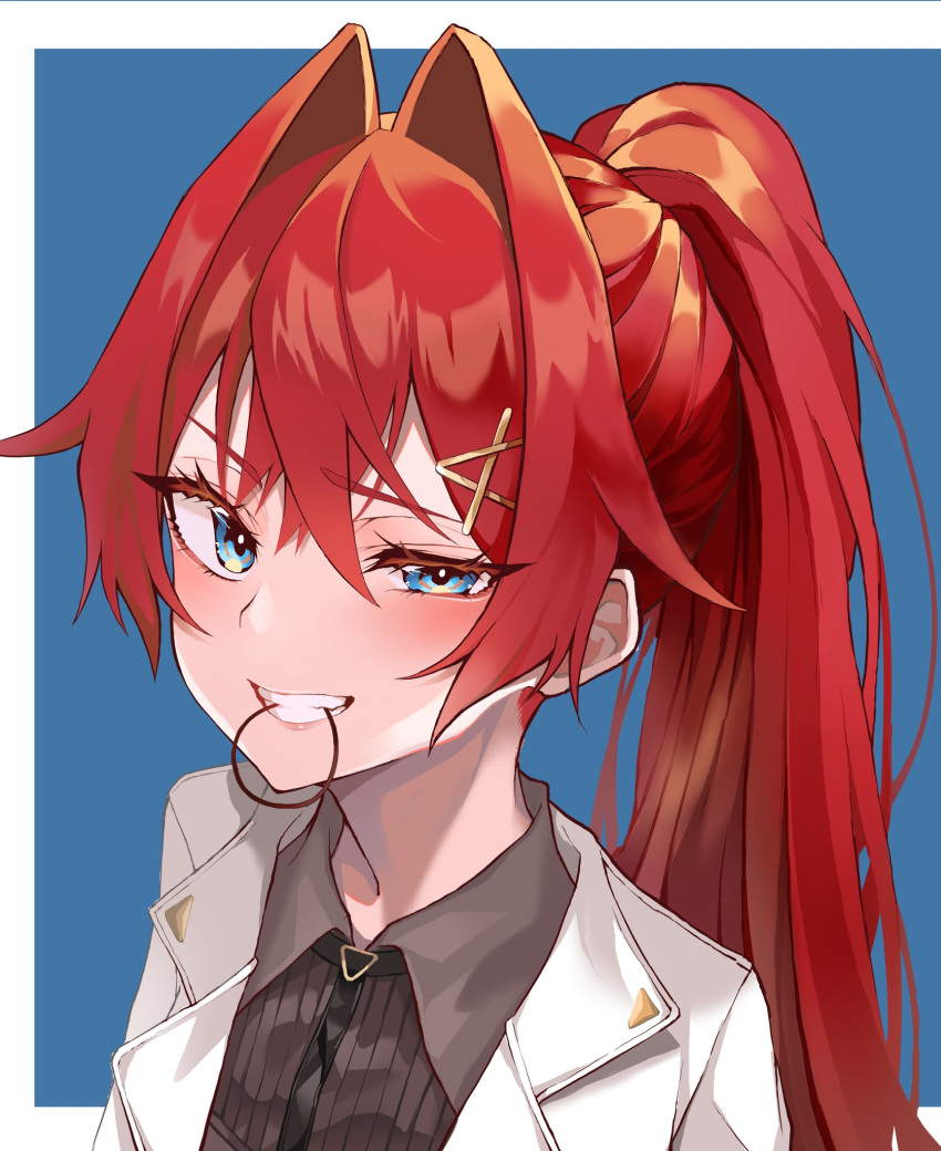 1girl, akechi_(akechi_5416), alternate_hairstyle, ange_katrina, blue_eyes, collared_shirt, commentary, grey_shirt