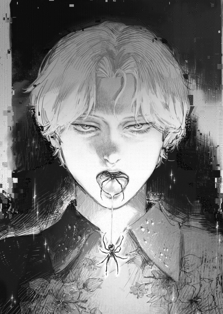 1boy, absurdres, animal, animal_in_mouth, bangs, bug, flower, greyscale