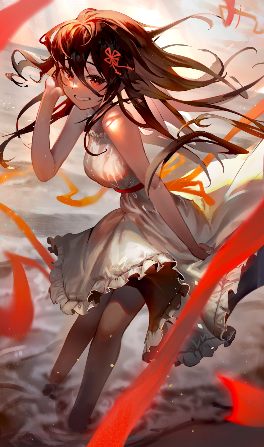 1girl, absurdres, bare_legs, barefoot, beach, black_hair, breasts, dress