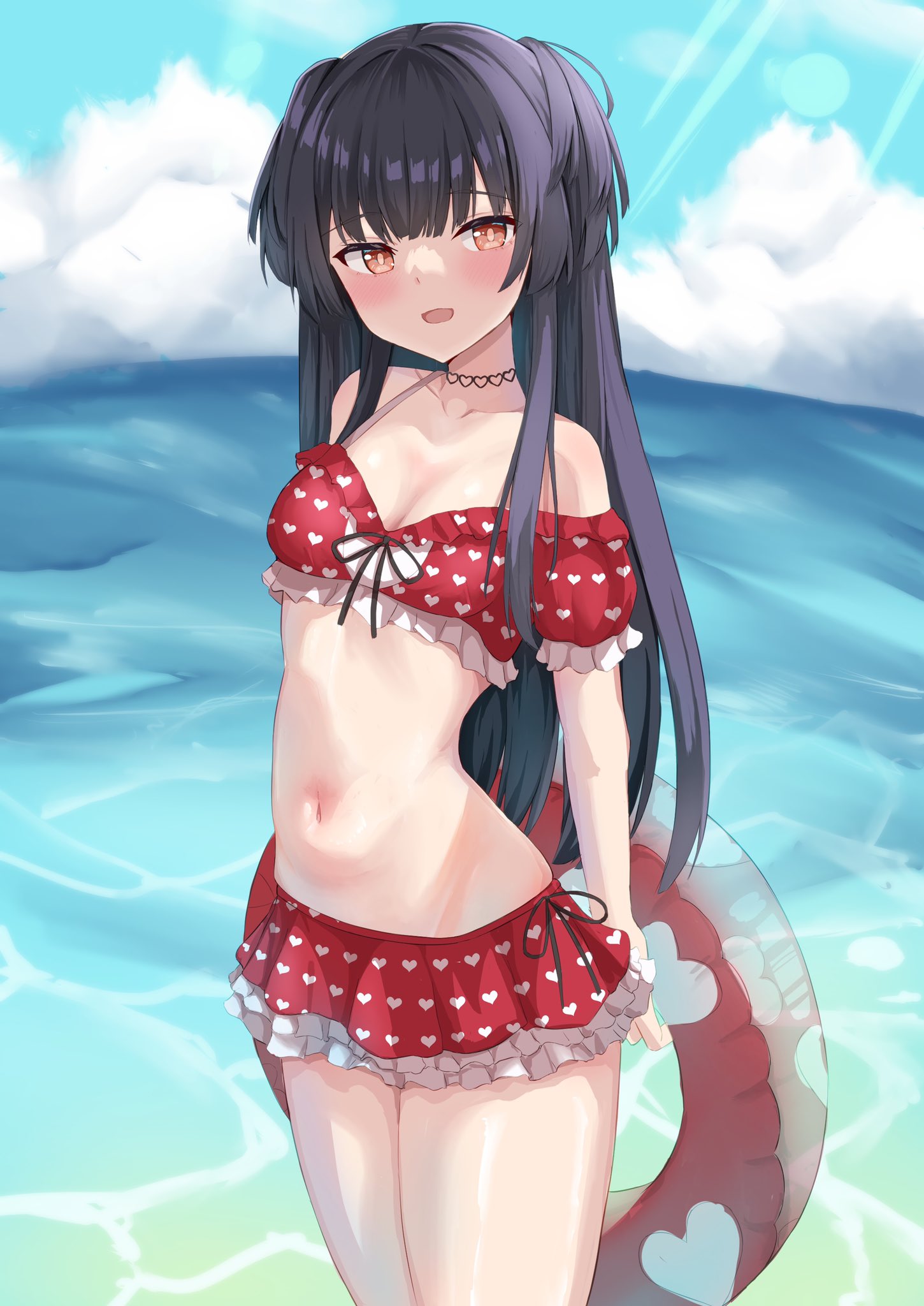 1girl, 72_(mmmmkk), bangs, bare_legs, bikini, black_hair, blush, breasts