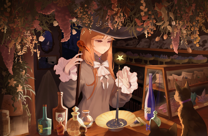 1girl, animal, animal_skull, ascot, bag, bangs, black_cat, black_dress