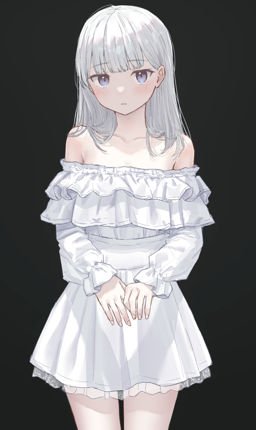 1girl, akipeko, bangs, bare_shoulders, black_background, blue_eyes, blunt_bangs, blush