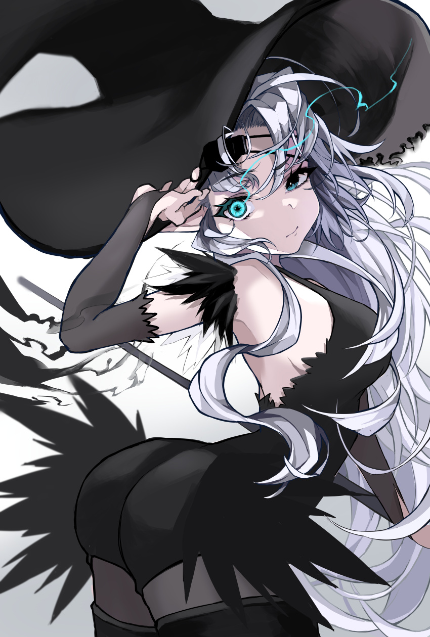 1girl, absurdres, akechi_(akechi_5416), ass, bangs, black_dress, black_headwear, black_legwear