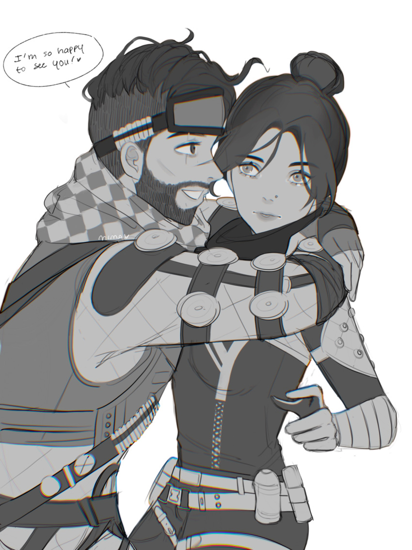 1boy, 1girl, apex_legends, apex_legends:_overtime, belt, bodysuit, breasts, checkered_clothes