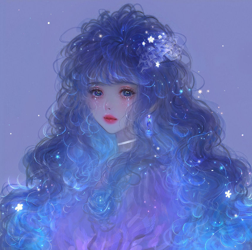 1girl, bangs, beads, blue_background, blue_eyes, blue_hair, blue_theme, choker