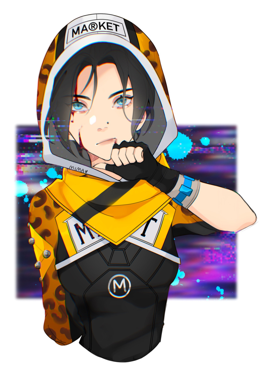 1girl, animal_print, apex_legends, bangs, black_bodysuit, black_gloves, black_hair, blood
