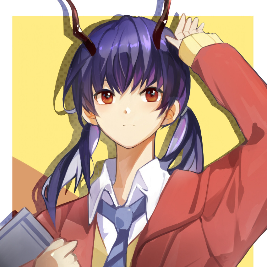 1girl, arknights, arm_up, bangs, blue_hair, blue_necktie, ch'en_(arknights), commentary_request, dragon_horns, drop_shadow, dumenggu, highres, holding, horns, jacket, long_hair, long_sleeves, low_twintails, necktie, red_eyes, red_jacket, solo, twintails, upper_body