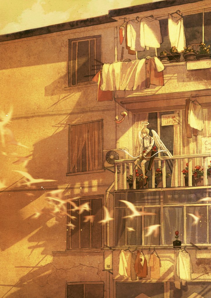 1boy, air_conditioner, animal, apartment, arrow_(projectile), balcony, bird, black_footwear, black_shorts, blonde_hair, bow_(weapon), building, cupid, english_text, feathered_wings, flock, halo, holding, holding_arrow, holding_bow_(weapon), holding_weapon, kneehighs, laundry, long_sleeves, looking_away, looking_to_the_side, male_focus, mirror_aurora_0, motion_blur, original, outdoors, plant, potted_plant, railing, scenery, shirt, shoes, shorts, sitting, sitting_on_railing, sliding_doors, solo, suspender_shorts, suspenders, twilight, weapon, white_legwear, white_shirt, white_wings, window, wings, yellow_theme