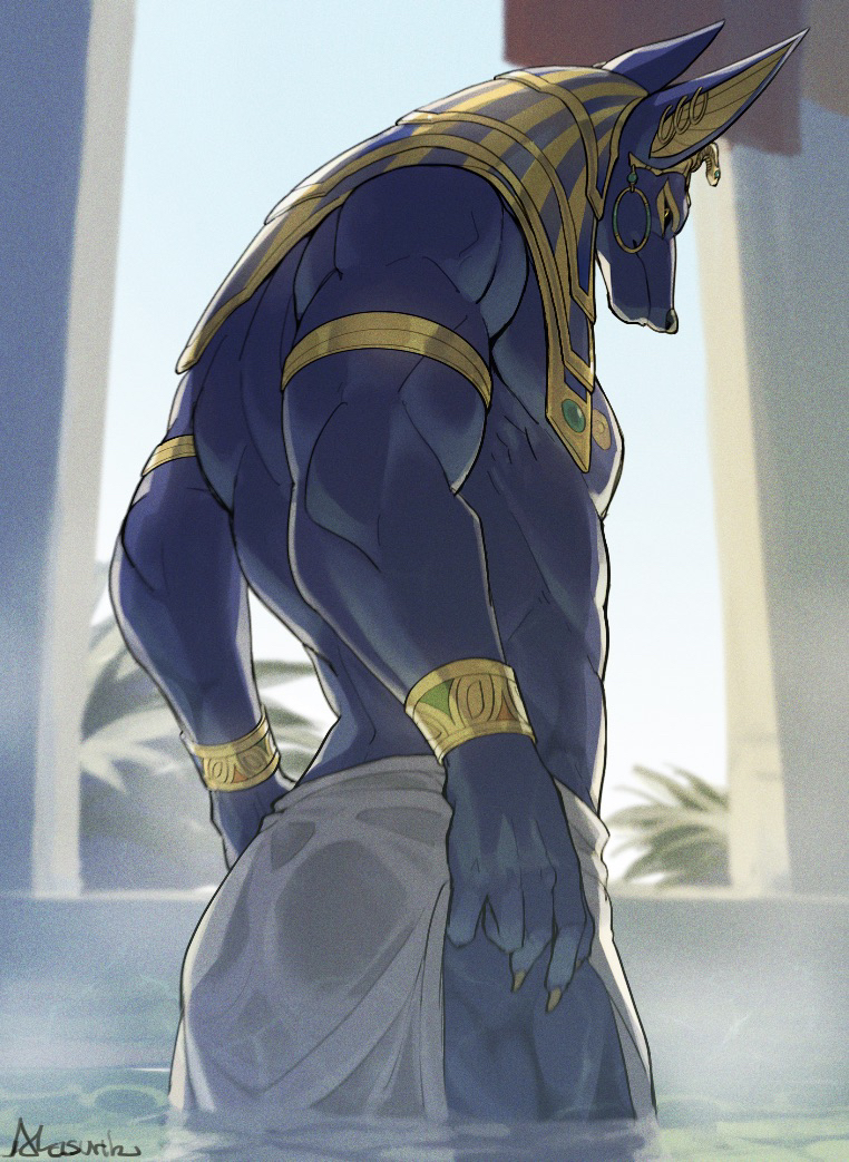 anubis, egyptian_clothes, egyptian_mythology, jackal, non-web_source, pharaoh