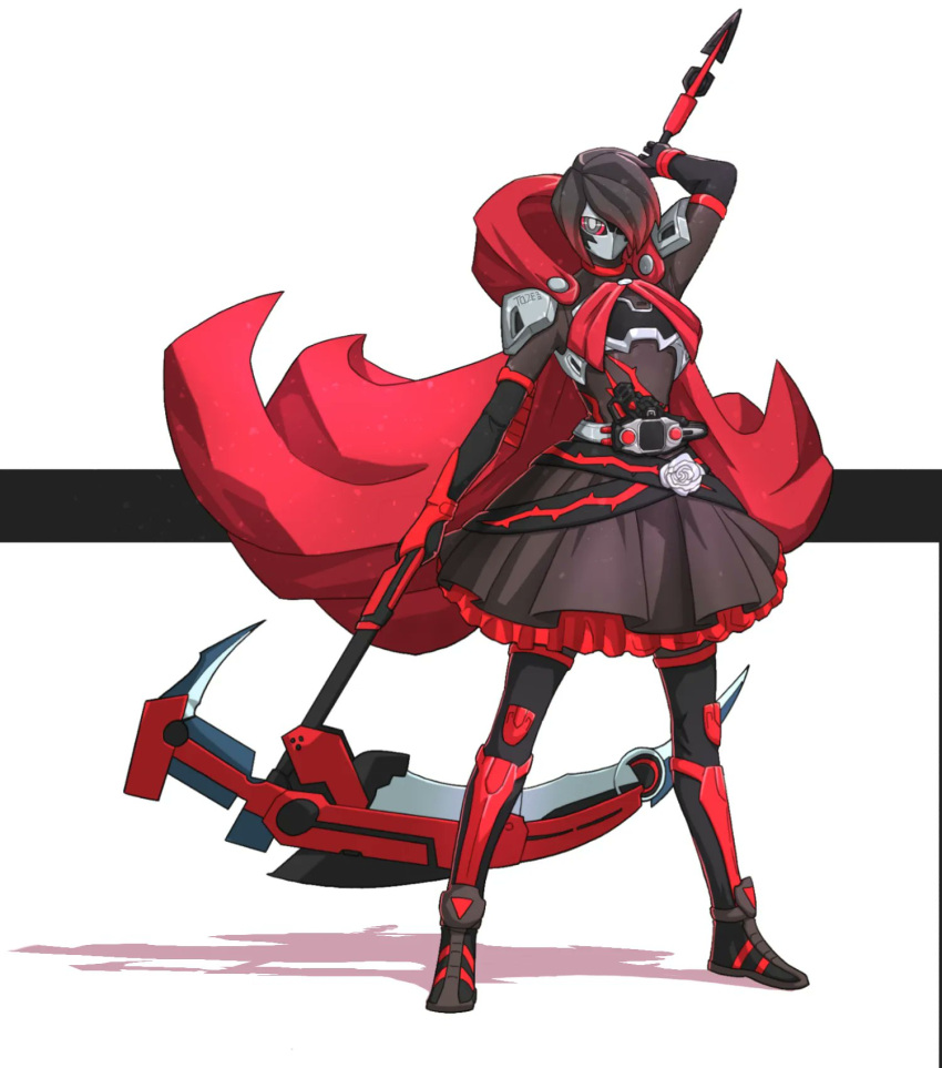 1girl, black_dress, black_hair, cape, cloak, corset, crescent_rose, cross, crossover, dress, flower, frilled_dress, frills, gradient_hair, grey_eyes, gun, highres, hood, hooded_cloak, kamen_rider, kamen_rider_ex-aid_(series), long_sleeves, multicolored_hair, petals, red_cape, red_eyes, redhead, rider-tan, rider_gashat, rose, rose_petals, ruby_rose, rwby, scythe, short_hair, to_ze, tokusatsu, two-tone_hair, weapon