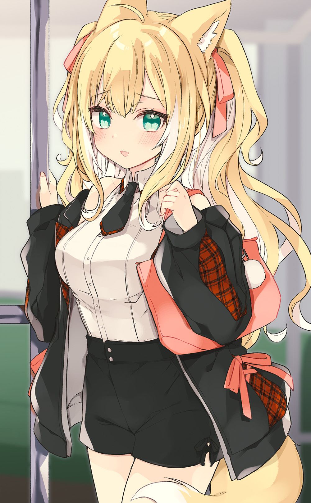1girl, animal_ear_fluff, animal_ears, bag, bangs, black_jacket, black_shorts, blonde_hair