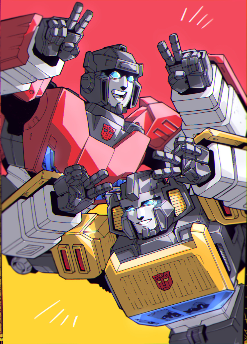 2boys, autobot, brothers, double_v, glowing, glowing_eyes, highres, leaning_forward