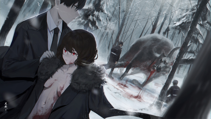 1girl, 1other, 3boys, absurdres, after_battle, black_hair, black_necktie, blood