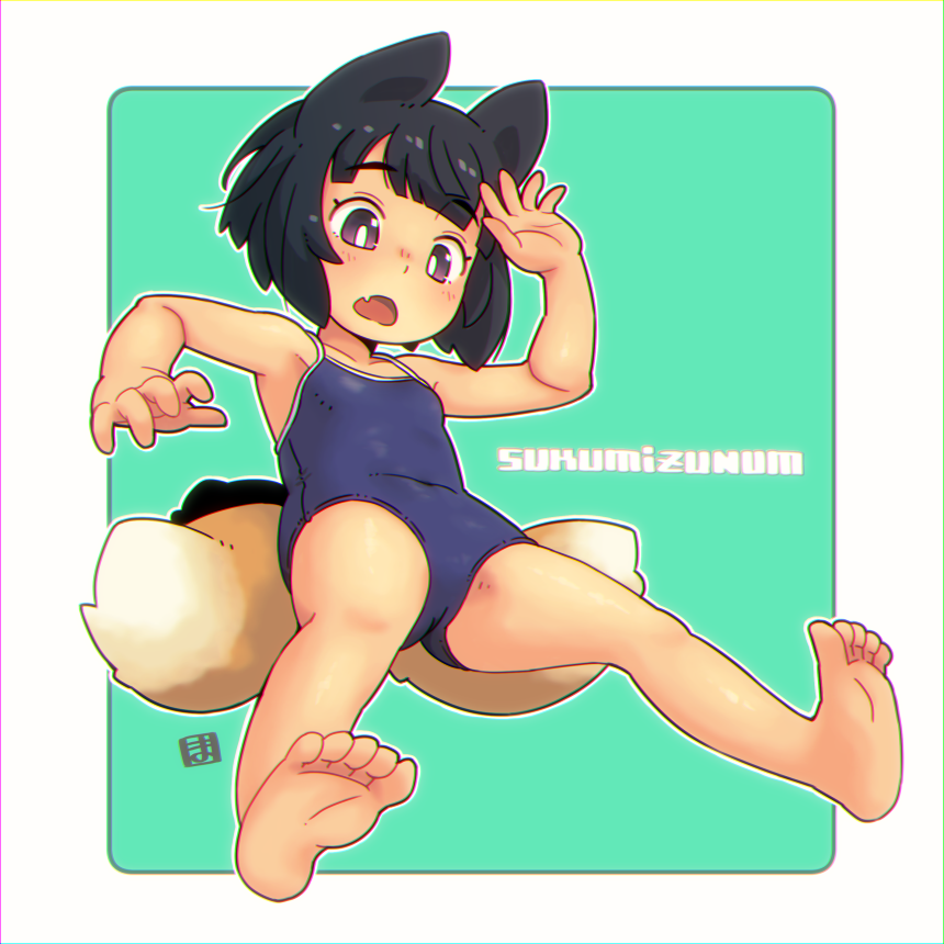1girl, animal_ears, bangs, bare_arms, bare_legs, bare_shoulders, barefoot, black_hair