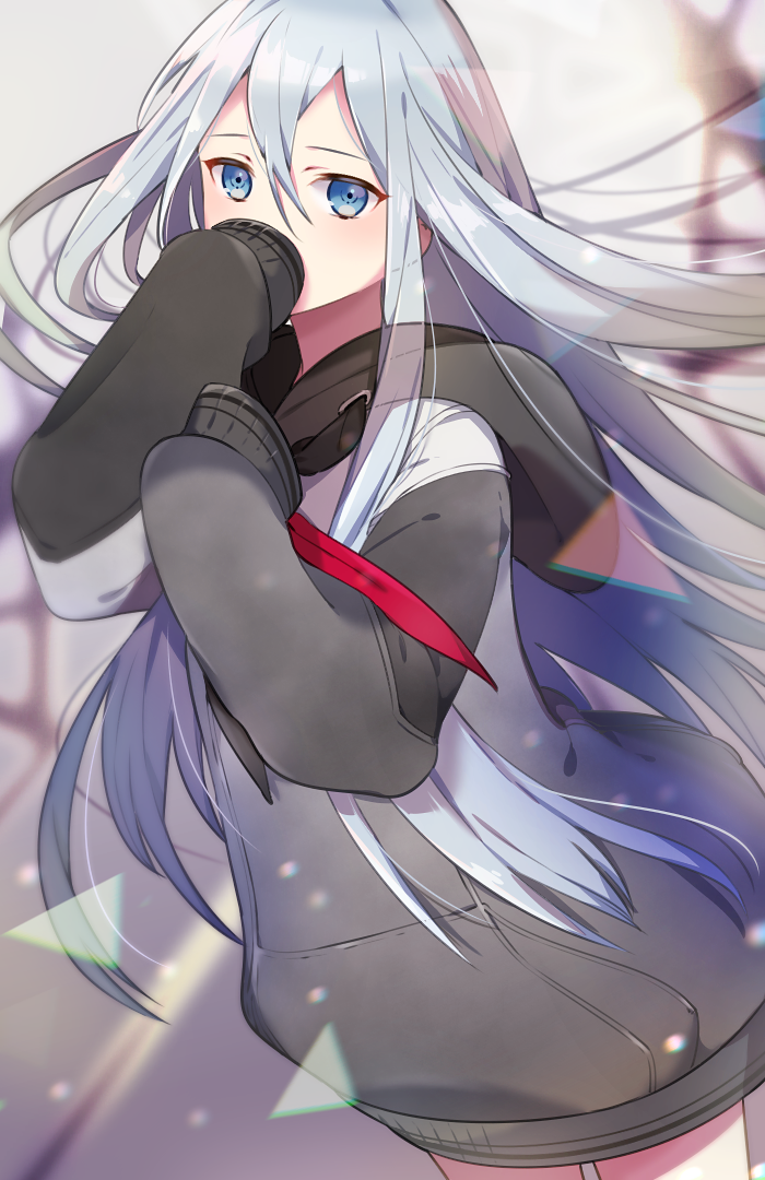 1girl, black_hoodie, black_neckerchief, blue_eyes, blurry, blurry_background, chromatic_aberration, covering_mouth