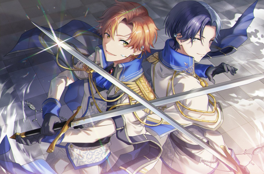 2boys, aiguillette, alternate_costume, aoyagi_touya, ascot, back-to-back, bangs, belt