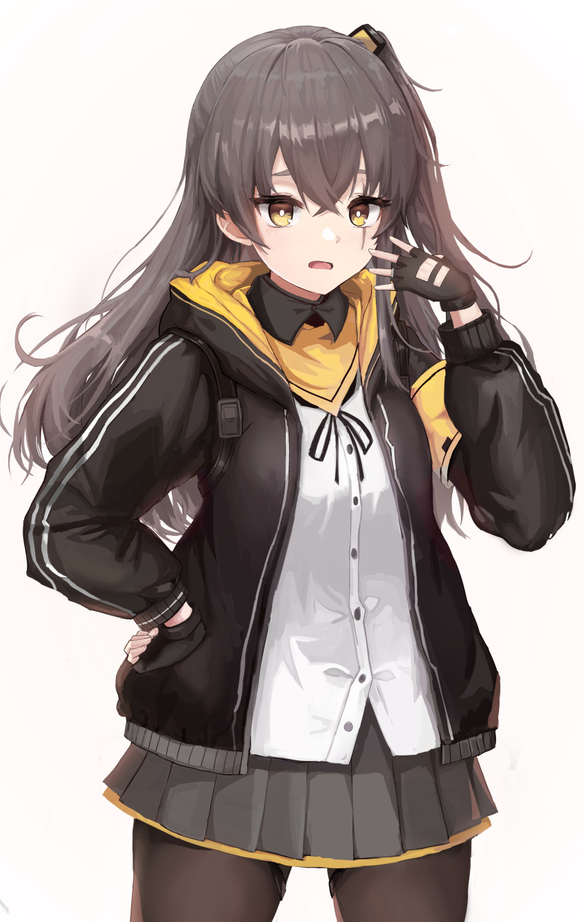 1girl, absurdres, armband, black_gloves, black_jacket, black_legwear, black_ribbon, black_skirt