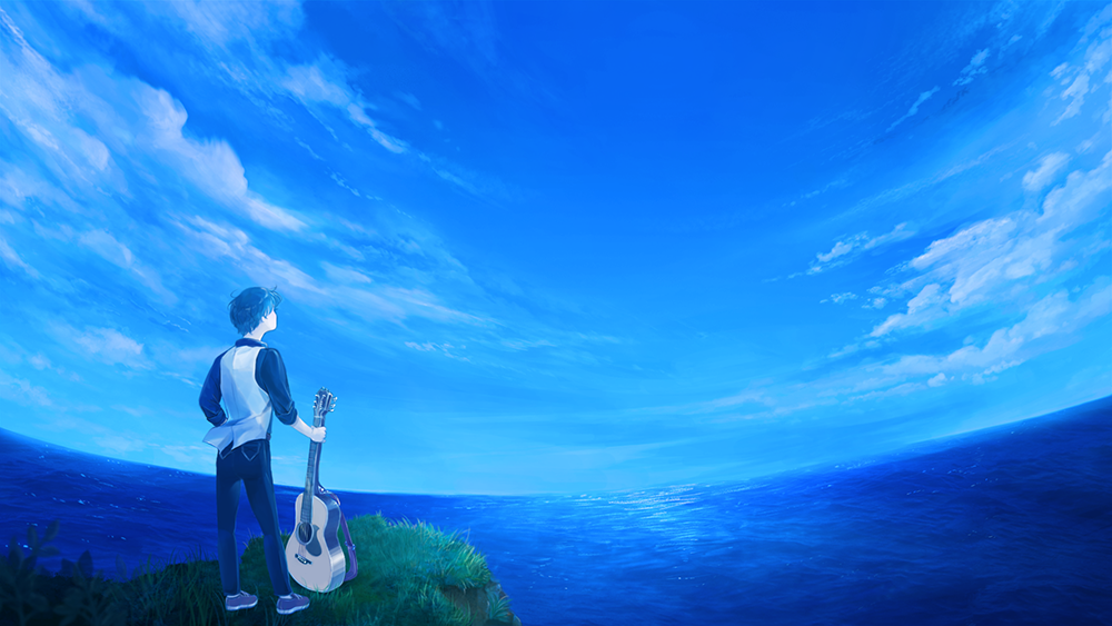 1boy, blue_hair, blue_sleeves, cliff, clouds, commentary, facing_away, full_body