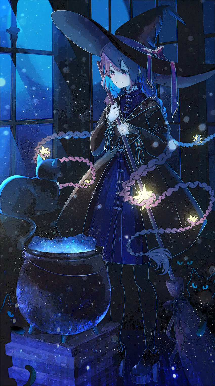 1girl, absurdres, black_cat, black_dress, black_legwear, black_sleeves, blue_eyes, braid, broom, cat, cauldron, dress, eyebrows_visible_through_hair, full_body, hair_between_eyes, hat, high_heels, highres, indoors, large_hat, legs_apart, light_particles, long_hair, long_sleeves, looking_at_another, mixed-language_commentary, night, original, pink_eyes, platform_footwear, platform_heels, purple_hair, ribbon, sabaumako, smile, solo, sparkle, split_mouth, standing, star_(symbol), twin_braids, very_long_hair, witch, witch_hat
