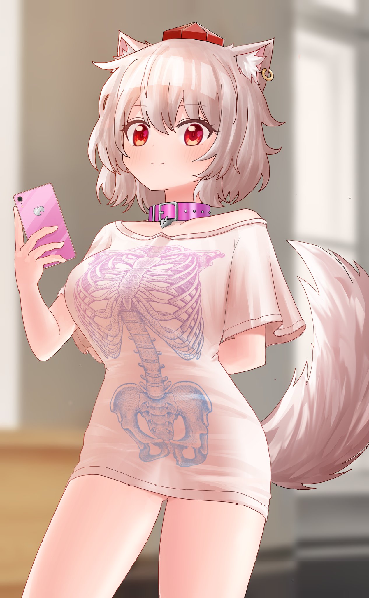 animal_ears, belt_collar, cellphone, closed_mouth, collar, commentary_request, cosplay, cowboy_shot