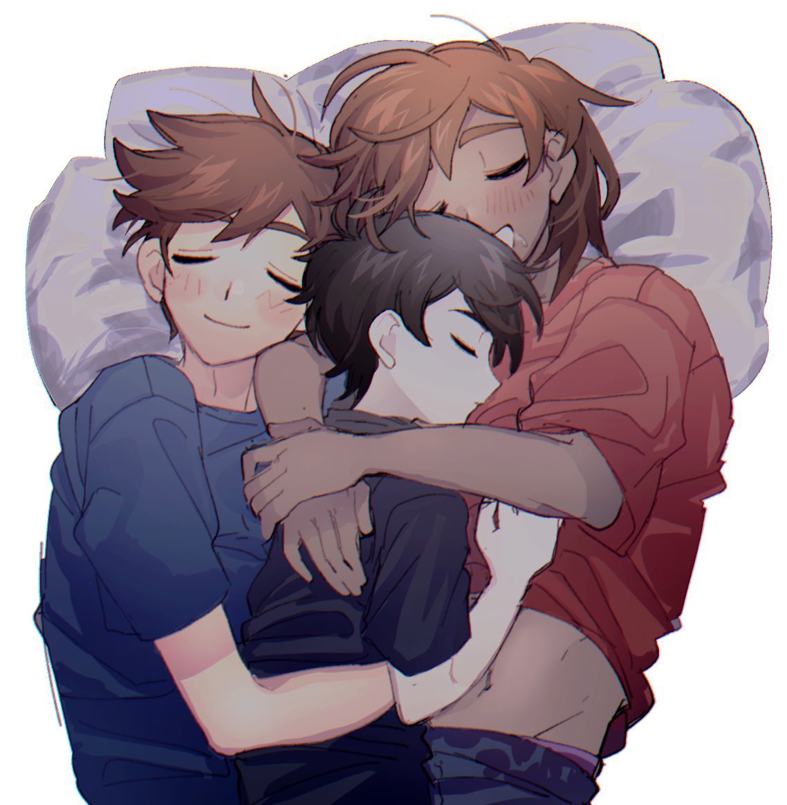 3boys, :d, bangs, black_hair, black_shirt, blue_shirt, brown_hair, closed_eyes, commentary, cuddling, hero_(omori), hug, kbs_omo, kel_(omori), male_focus, medium_hair, multiple_boys, omori, pillow, red_shirt, shirt, short_hair, sleeping, smile, sunny_(omori)