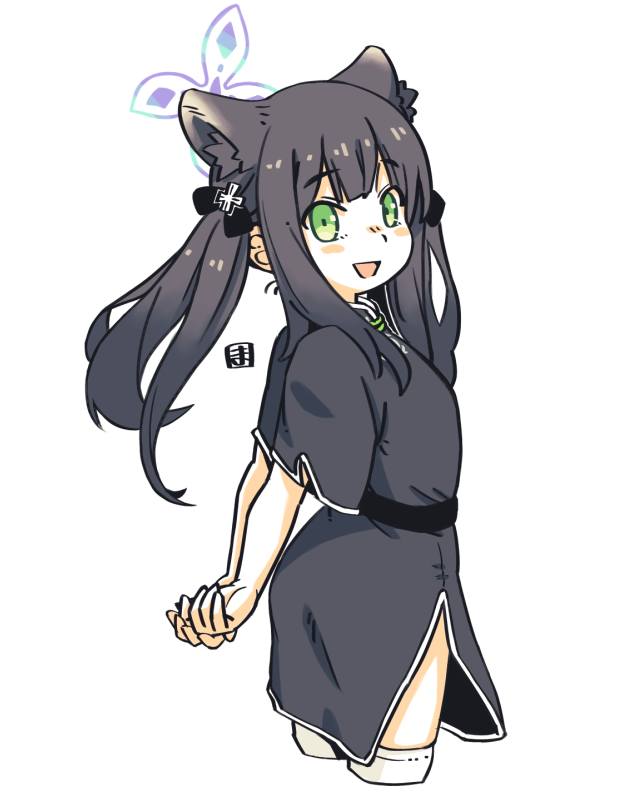 1girl, :d, animal_ear_fluff, animal_ears, arms_behind_back, bangs, black_dress, black_hair