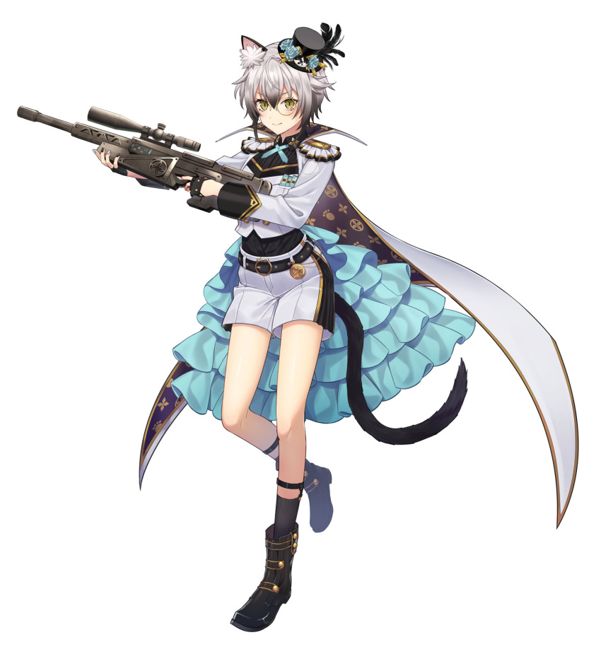 animal_ear_fluff, animal_ears, bangs, belt, black_footwear, black_hair, black_legwear, black_nails