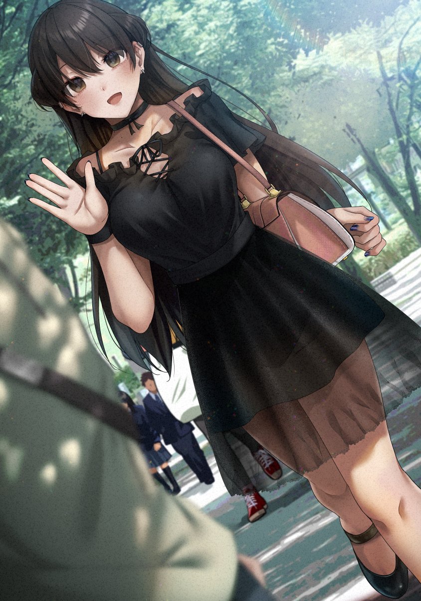 1boy, 1girl, bag, bangs, bare_legs, black_hair, bow_choker, breasts